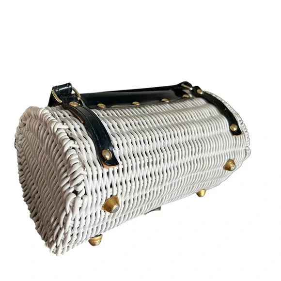 Woven White and Black Cylindrical Handbag - Picture 6 of 11